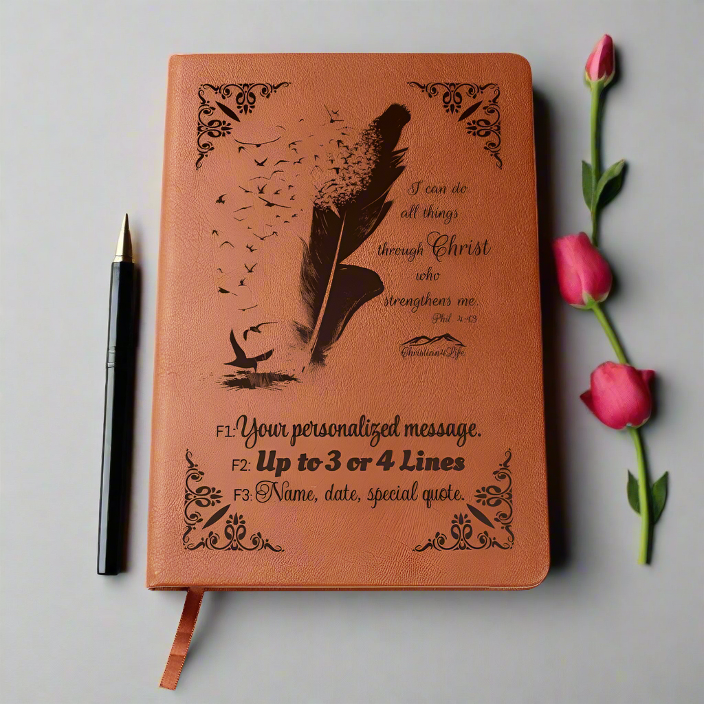 Personalized ’I can do all things though Christ’ Christian Notebook Journal (Brown feather) - Journals