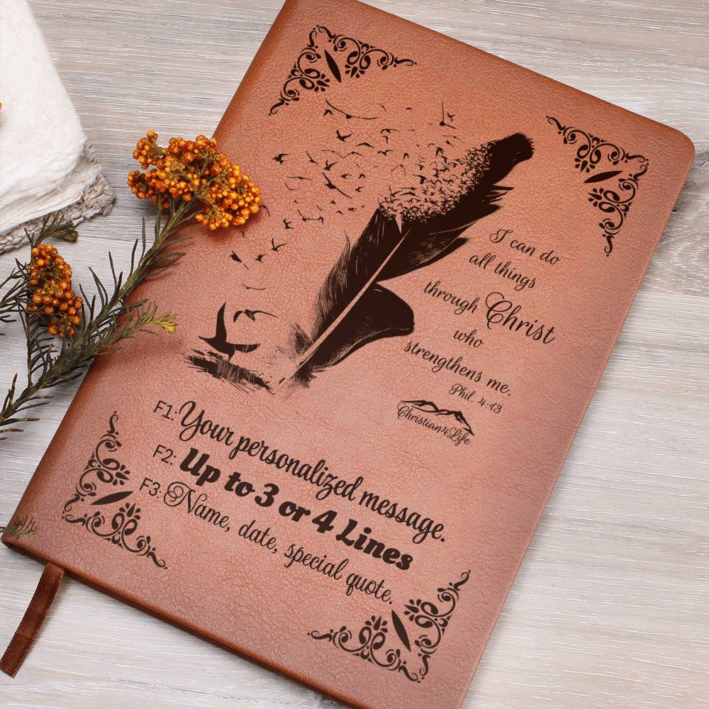 Personalized ’I can do all things though Christ’ Christian Notebook Journal (Brown feather) - Journals