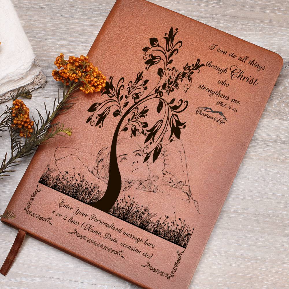 Personalized ’I Can Do All Things through Christ’ vegan leather Graphic Christian Journal - Journals