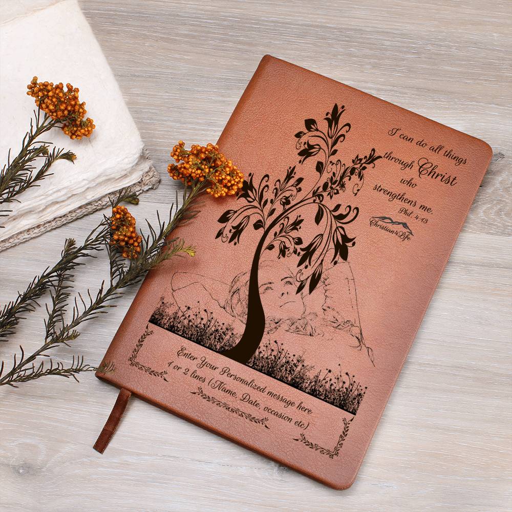 Personalized ’I Can Do All Things through Christ’ vegan leather Graphic Christian Journal - Journals