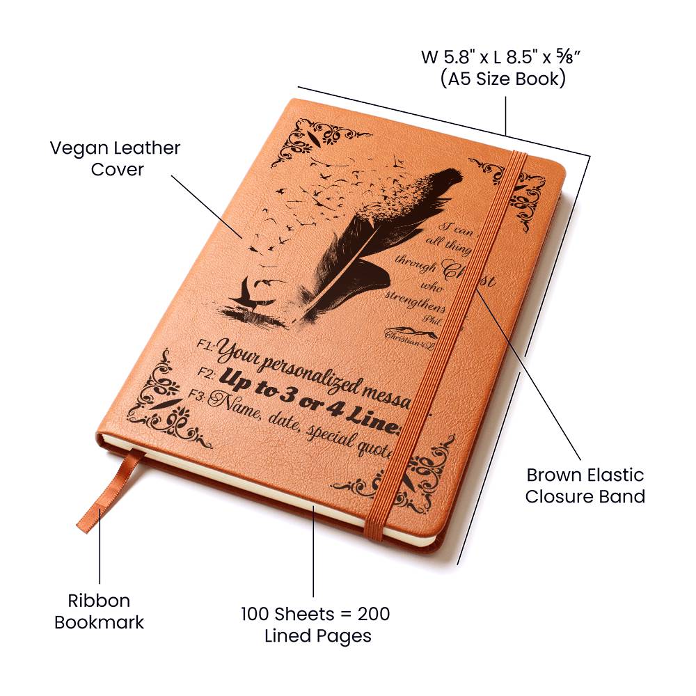 Personalized ’I can do all things though Christ’ Christian Notebook Journal (Brown feather) - Journals