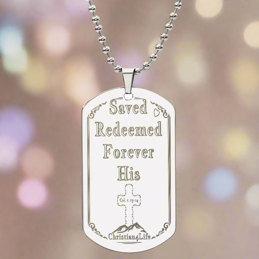 Saved Redeemed Engraved Dog Tag Necklace (personalized) - Polished Stainless Steel / No - Jewelry