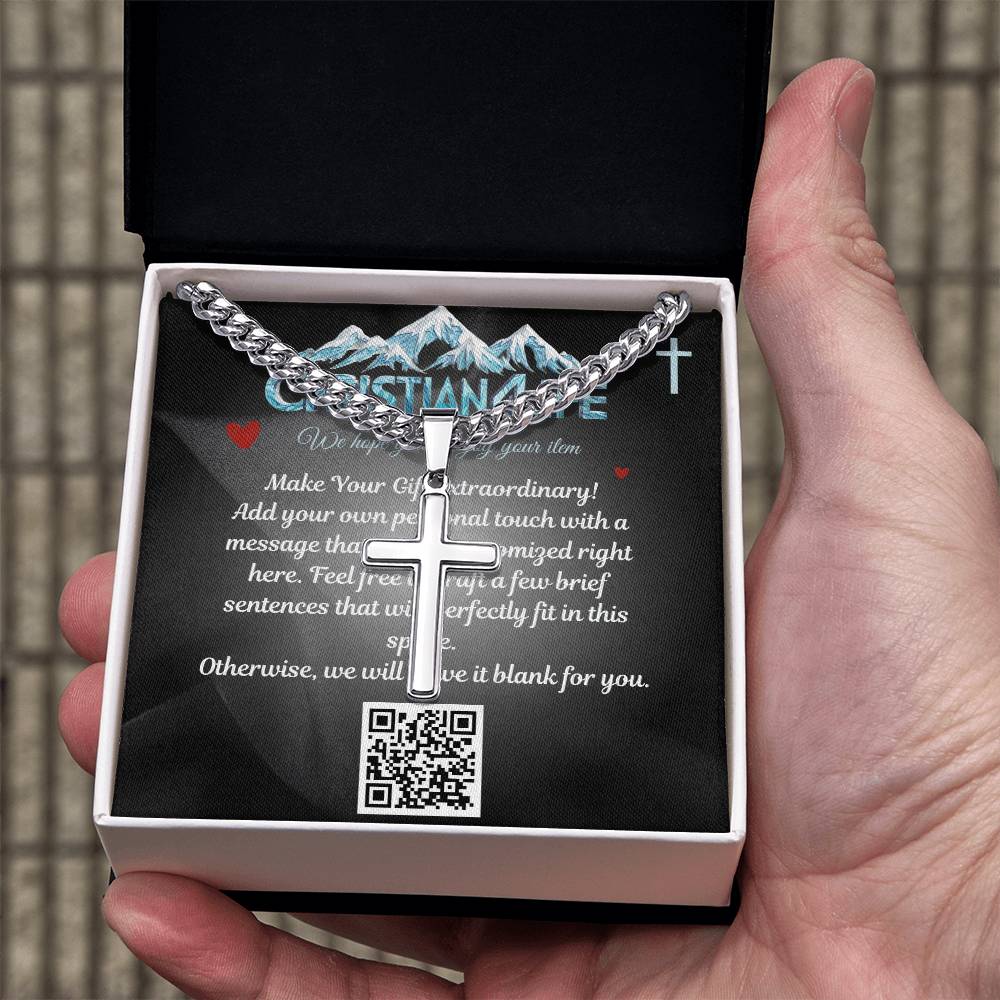 Artisan Cross Necklace on Cuban Chain - Personalized box - Jewelry