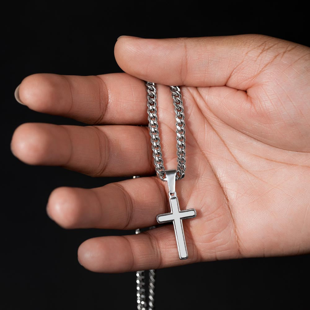 Artisan Cross Necklace on Cuban Chain - Personalized box - Jewelry
