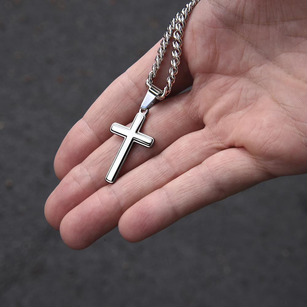 Artisan Cross Necklace on Cuban Chain - Personalized box - Jewelry