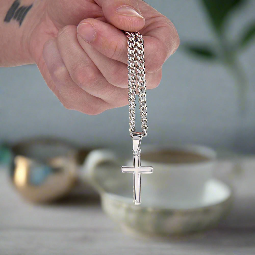 Artisan Cross Necklace on Cuban Chain - Personalized box - Jewelry