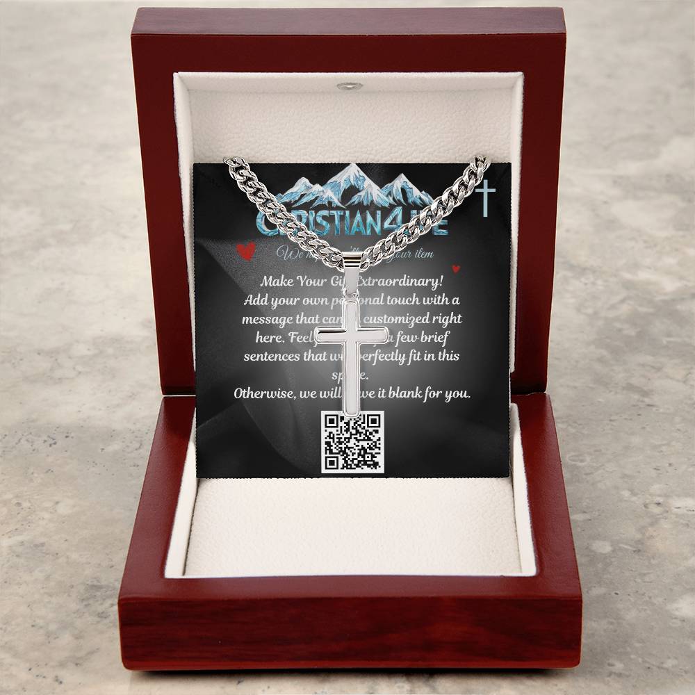 Artisan Cross Necklace on Cuban Chain - Personalized box - Jewelry