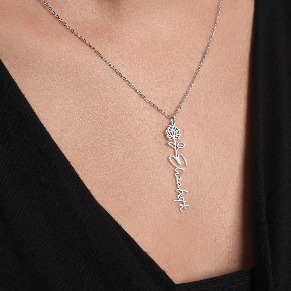 Personalized Flower Necklace (Custom name and 12 Birth Flowers) - Polished Stainless Steel / Standard Box / July