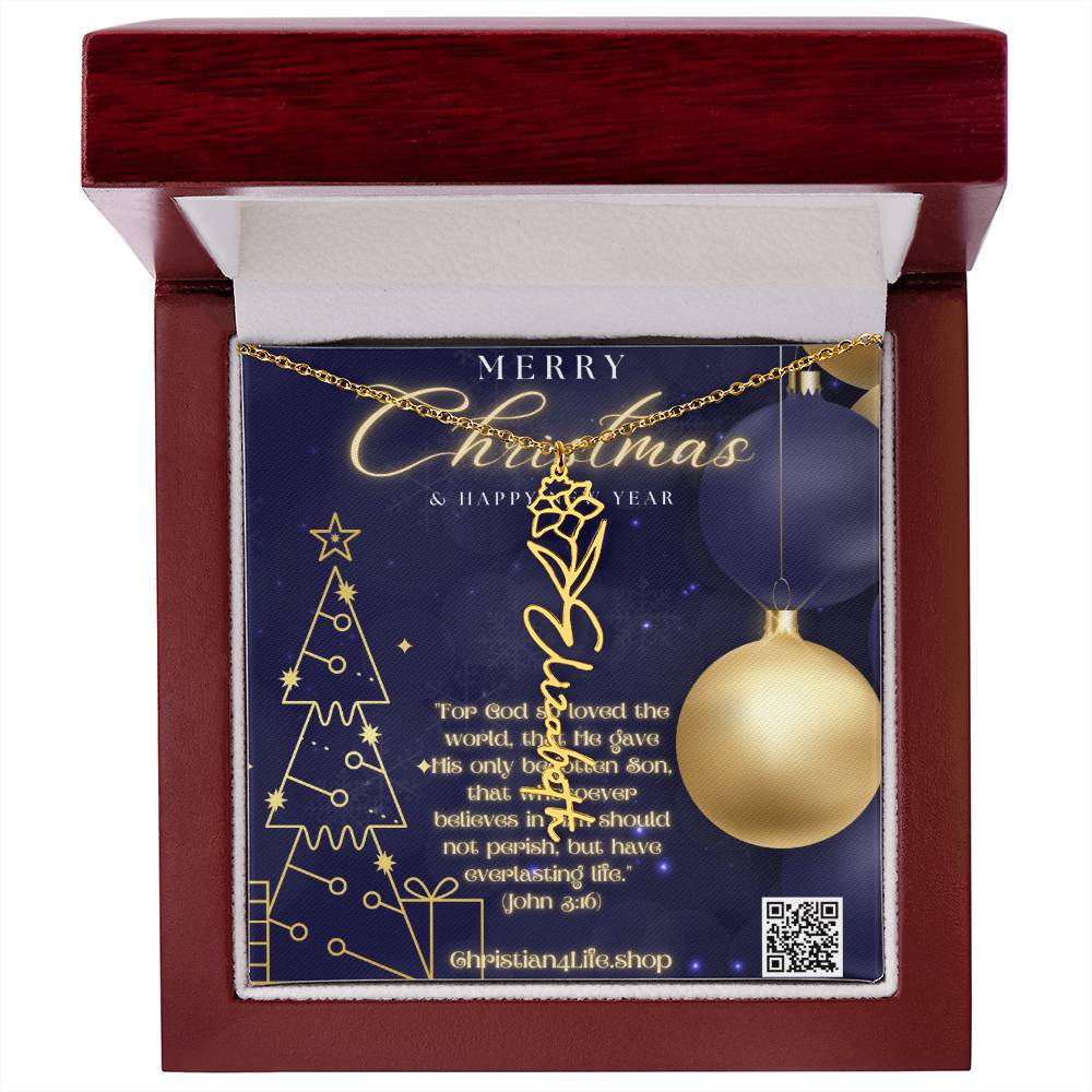 Personalized Flower Necklace (Custom name and 12 Birth Flowers) - 18k Yellow Gold Finish / Luxury Box / December