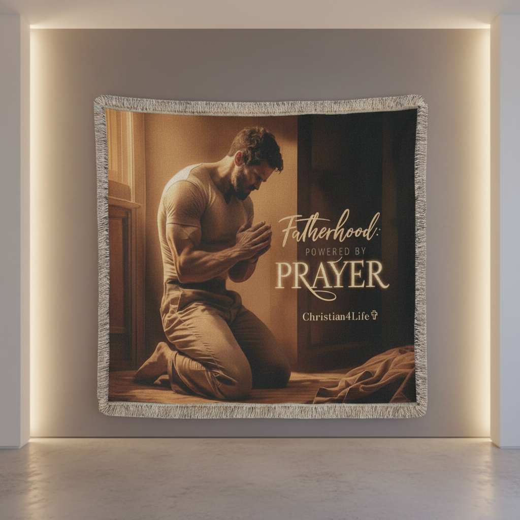 Framed artwork of a man praying with text 'Fatherhood: Powered by Prayer' on a wall.