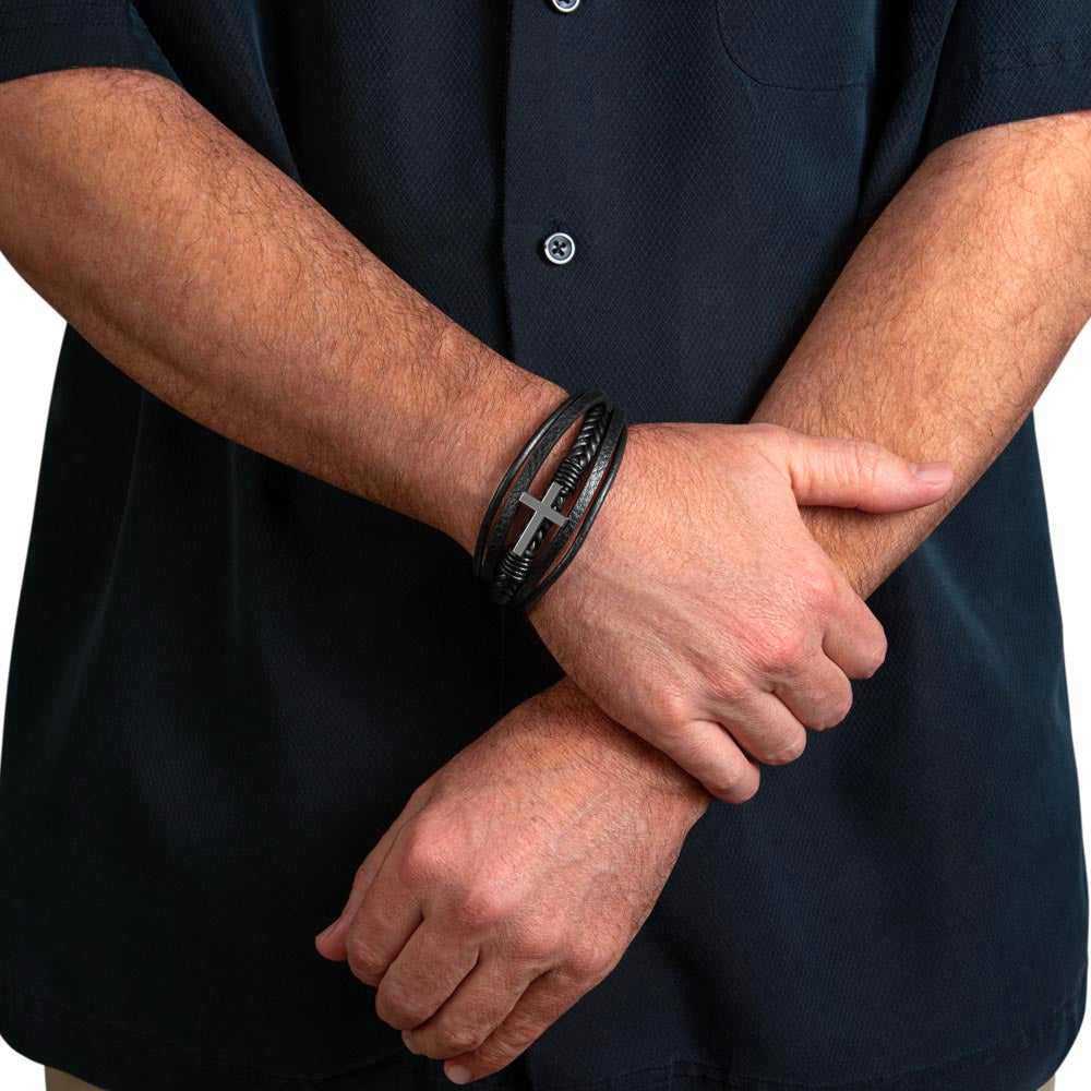 Vegan Leather and Stainless Steel Cross Bracelet - Jewelry