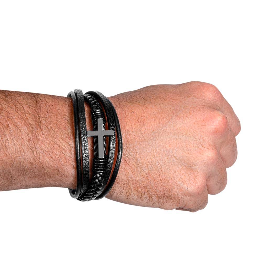 Vegan Leather and Stainless Steel Cross Bracelet - Jewelry