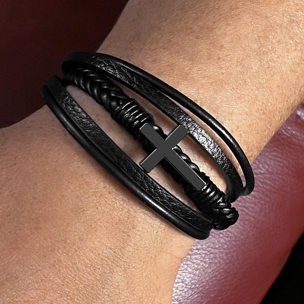 Vegan Leather and Stainless Steel Cross Bracelet - Jewelry