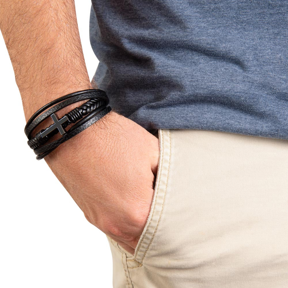 Vegan Leather and Stainless Steel Cross Bracelet - Jewelry