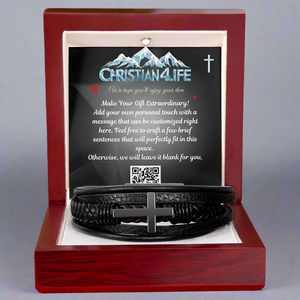Vegan Leather and Stainless Steel Cross Bracelet - Luxury Box with LED - Jewelry