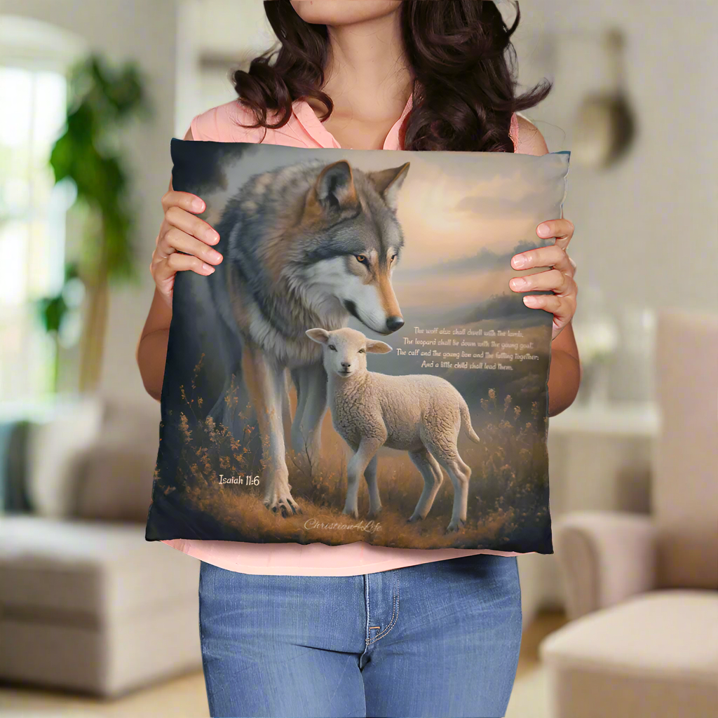 Wolf and Lamb Bible Verse Spun Polyester Square Indoor/Outdoor Pillow - Jewelry
