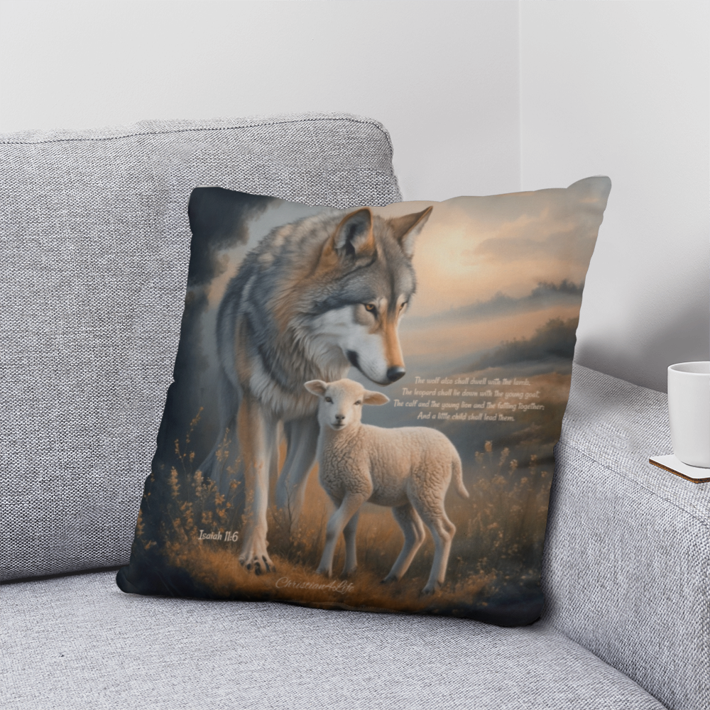 Wolf and Lamb Bible Verse Spun Polyester Square Indoor/Outdoor Pillow - Jewelry