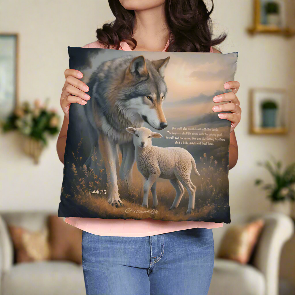 Wolf and Lamb Bible Verse Spun Polyester Square Indoor/Outdoor Pillow - Jewelry