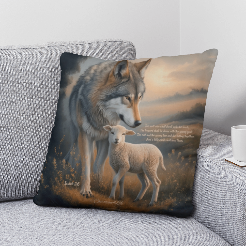 Wolf and Lamb Bible Verse Spun Polyester Square Indoor/Outdoor Pillow - Jewelry