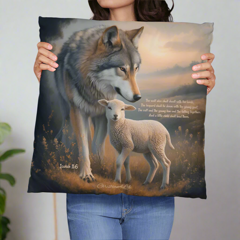 Wolf and Lamb Bible Verse Classic Pillow (multiple sizes) - 26’’ x 26’’ - Home Decor