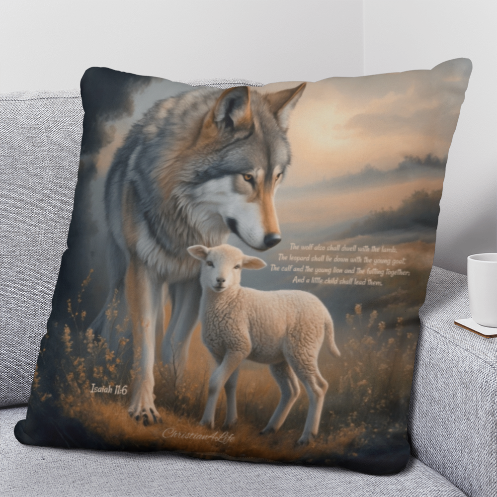 Wolf and Lamb Bible Verse Spun Polyester Square Indoor/Outdoor Pillow - Jewelry