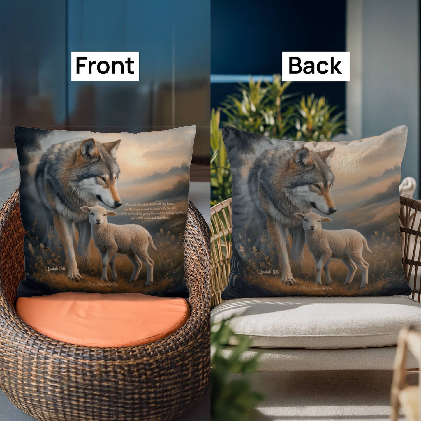 Wolf and Lamb Bible Verse Classic Pillow Isaiah 11:6 Bible quote, KJV (multiple sizes)