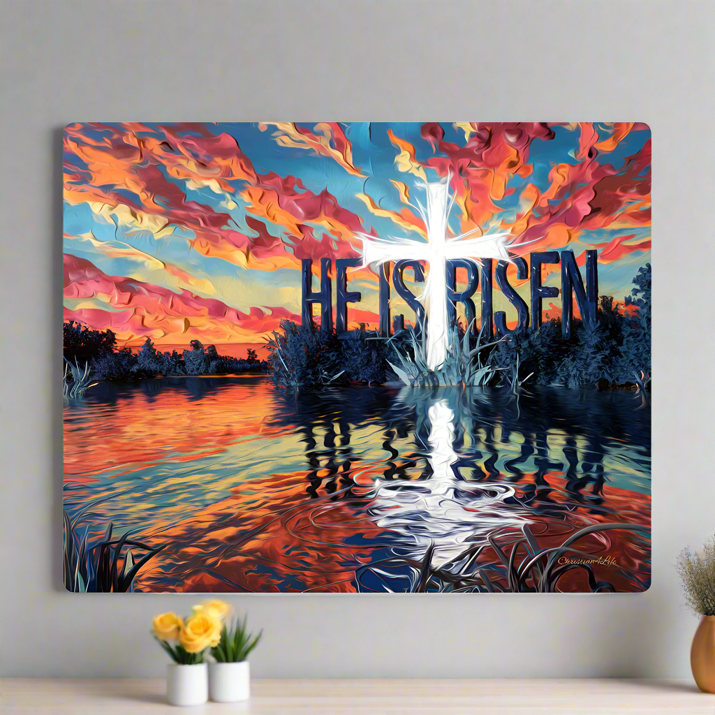 "He Is Risen" Christian High Gloss Metal Art Print - Serene Lake