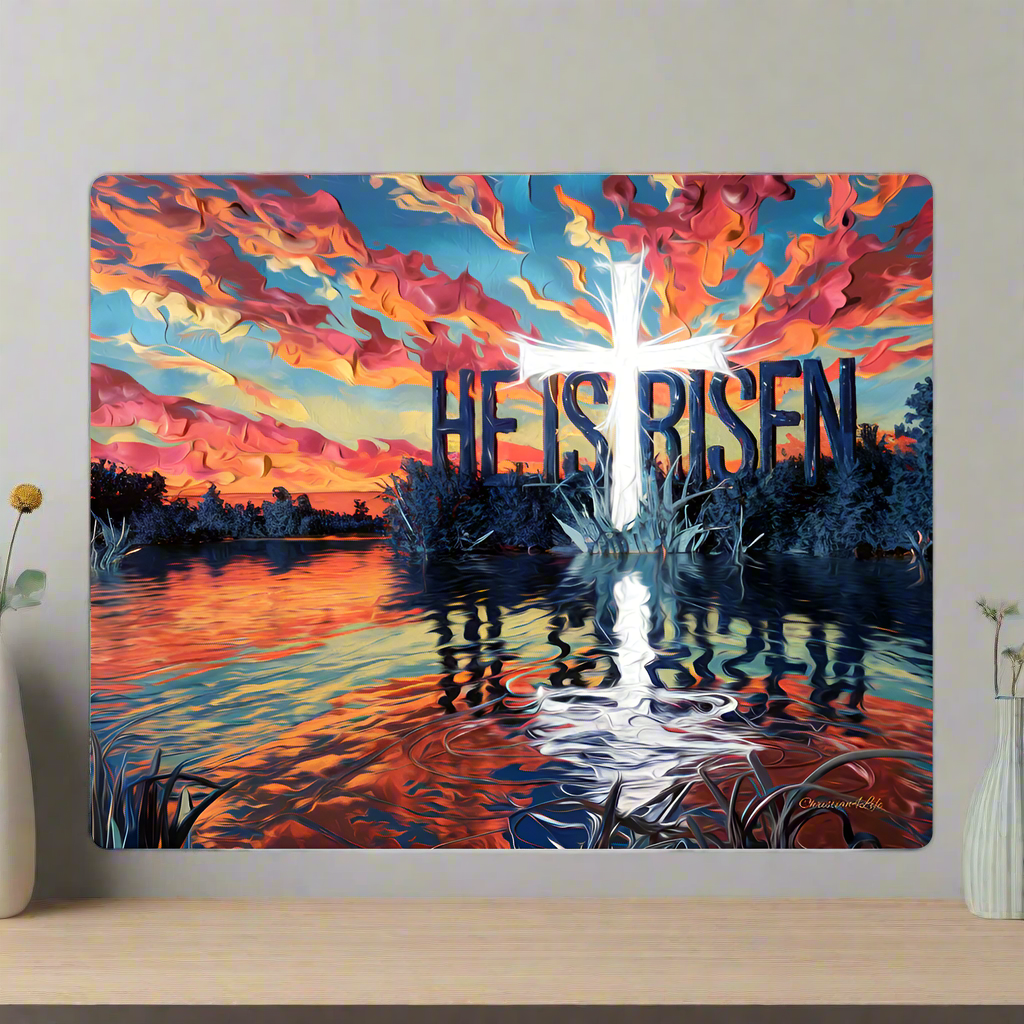 "He Is Risen" Christian High Gloss Metal Art Print - Serene Lake