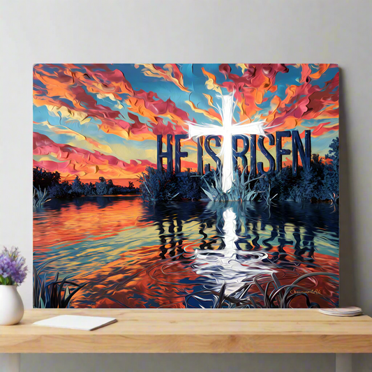 "He Is Risen" Christian High Gloss Metal Art Print - Serene Lake
