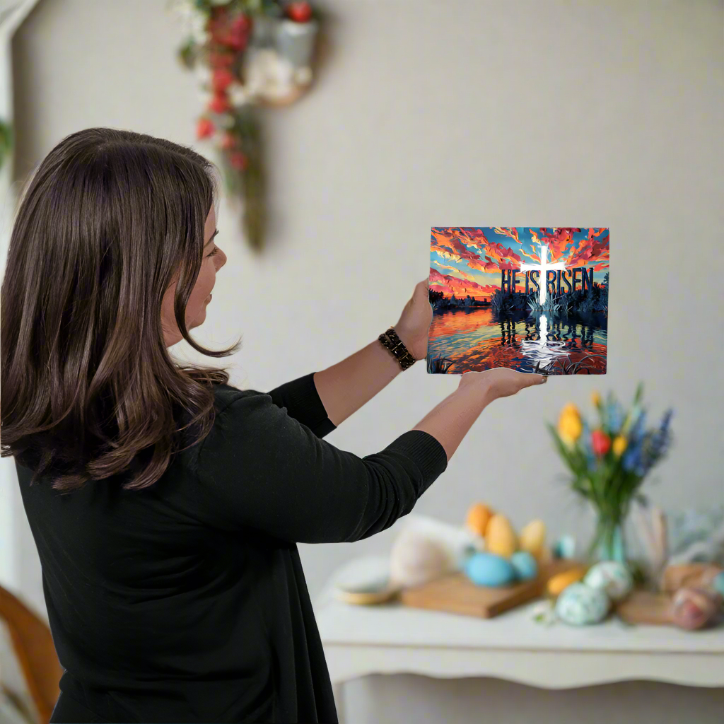 "He Is Risen" Christian High Gloss Metal Art Print - Serene Lake