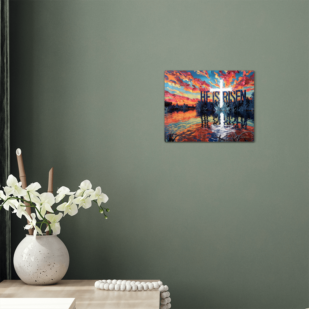 "He Is Risen" Christian High Gloss Metal Art Print - Serene Lake