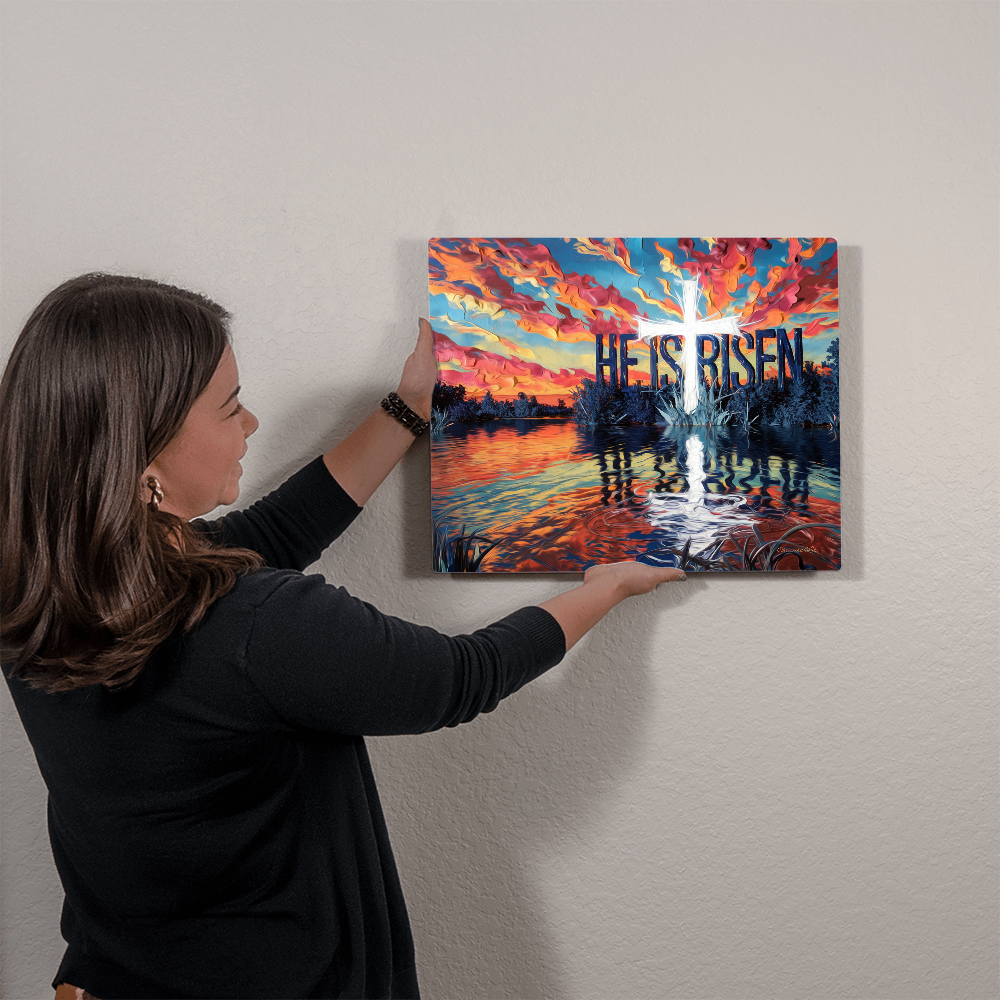 "He Is Risen" Christian High Gloss Metal Art Print - Serene Lake