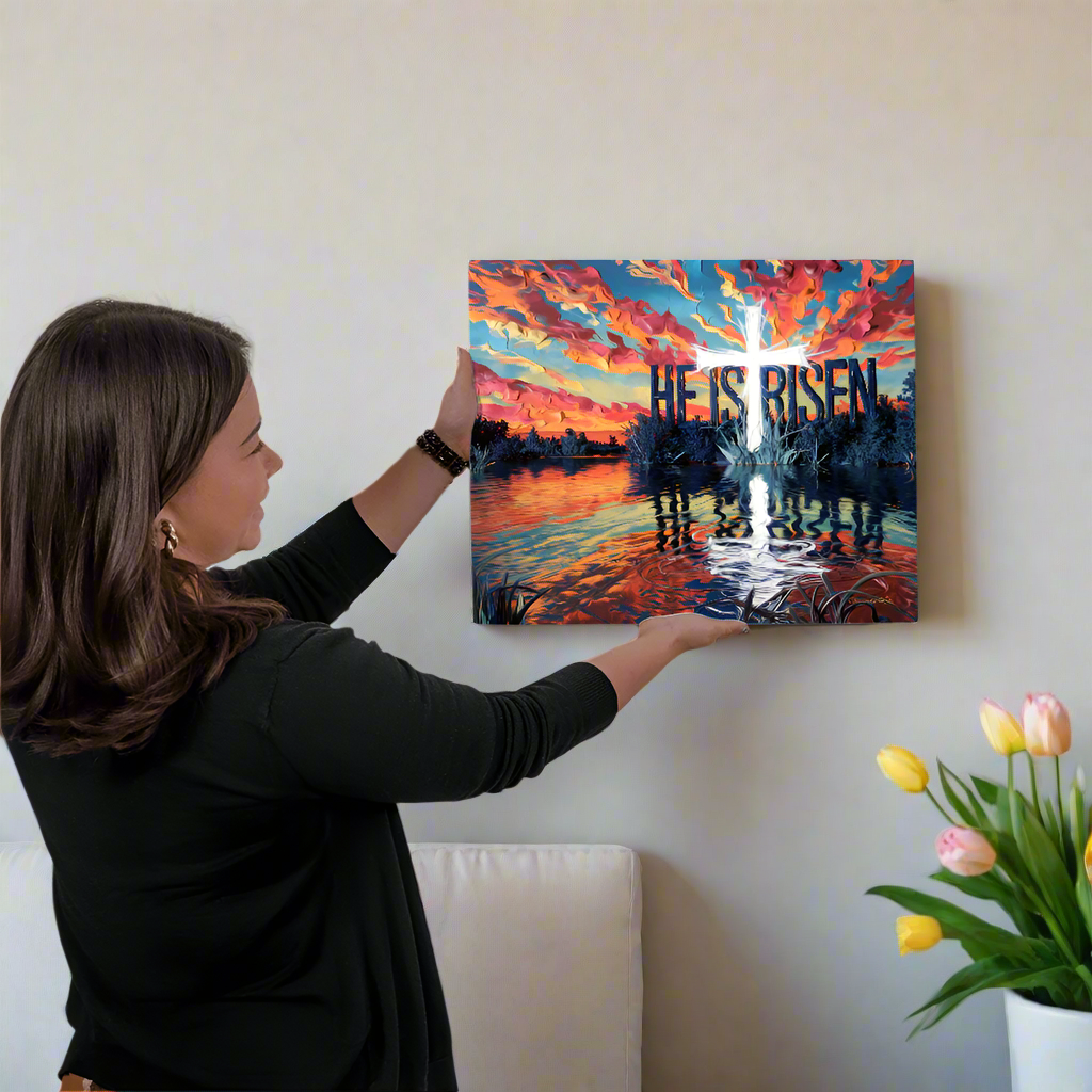 "He Is Risen" Christian High Gloss Metal Art Print - Serene Lake