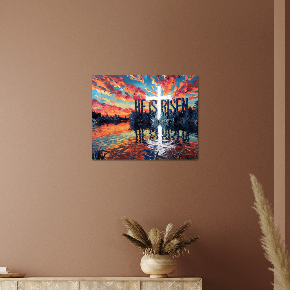 "He Is Risen" Christian High Gloss Metal Art Print - Serene Lake