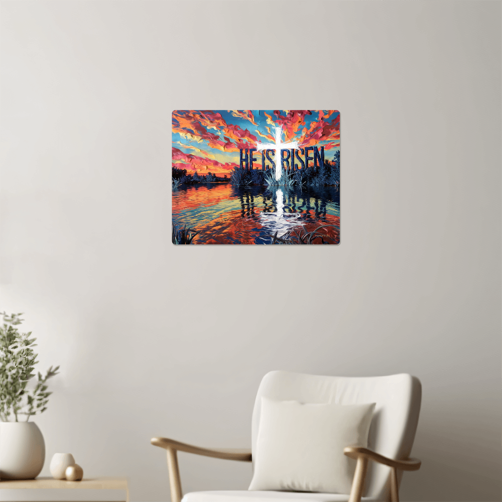 "He Is Risen" Christian High Gloss Metal Art Print - Serene Lake