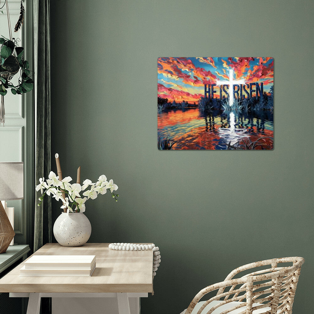 "He Is Risen" Christian High Gloss Metal Art Print - Serene Lake