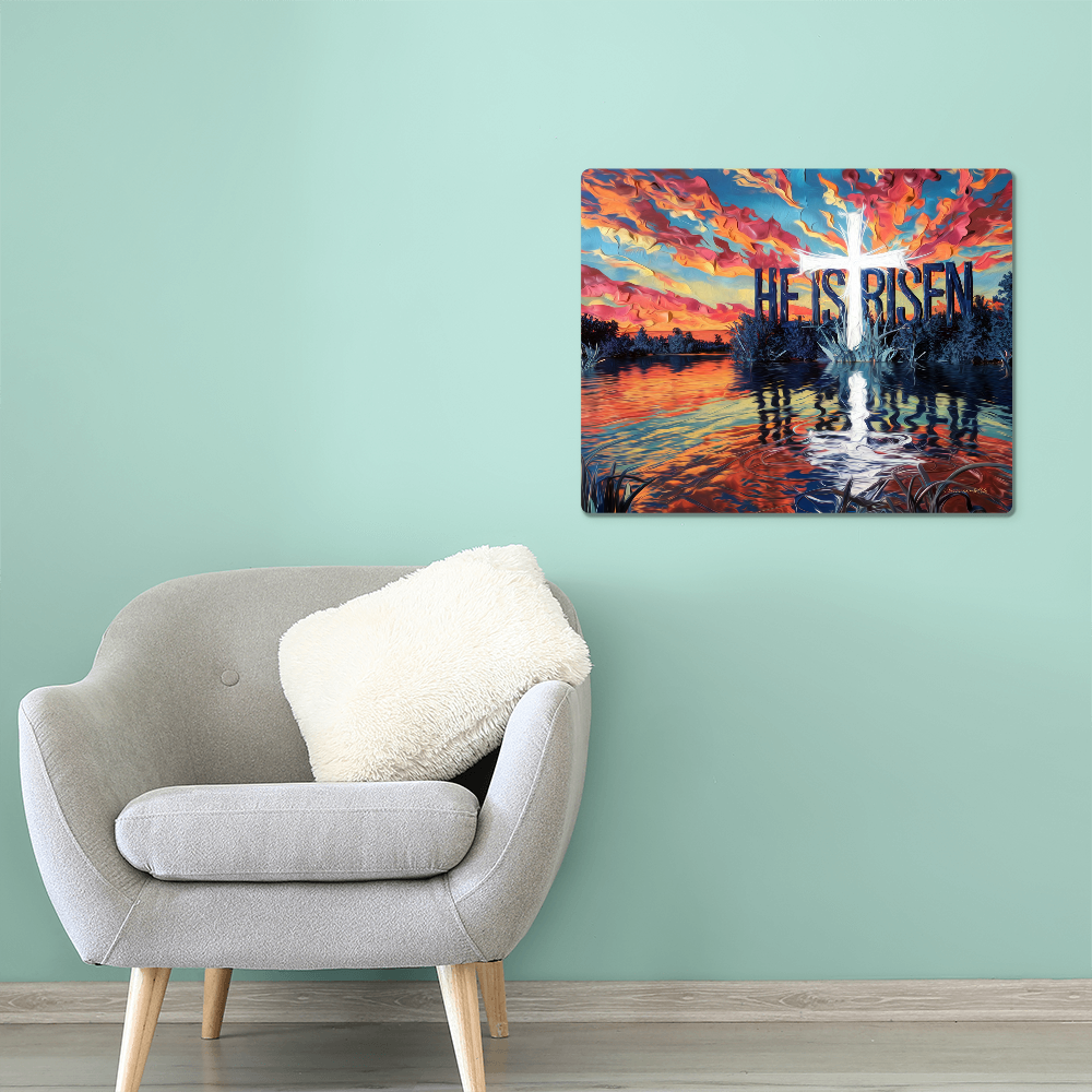 "He Is Risen" Christian High Gloss Metal Art Print - Serene Lake