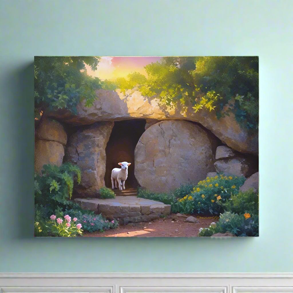 He is Risen Tomb and Lamb Christian Wall Art Gallery Wrapped Canvas Easter 20’’ x 16’’ - Canvas