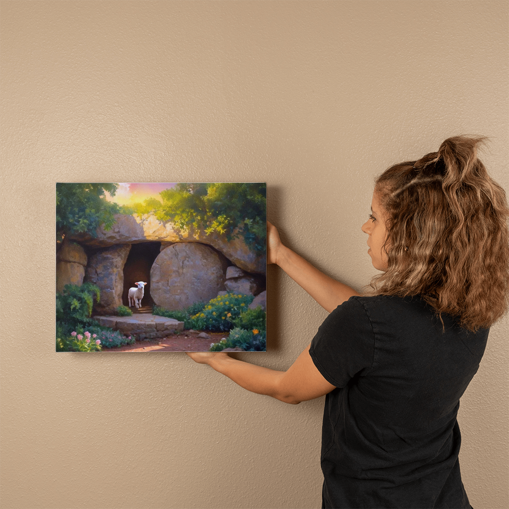 He is Risen Tomb and Lamb Christian Wall Art Gallery Wrapped Canvas Easter 20’’ x 16’’ - Canvas