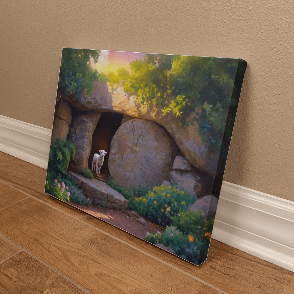 He is Risen Tomb and Lamb Christian Wall Art Gallery Wrapped Canvas Easter 20’’ x 16’’ - Canvas