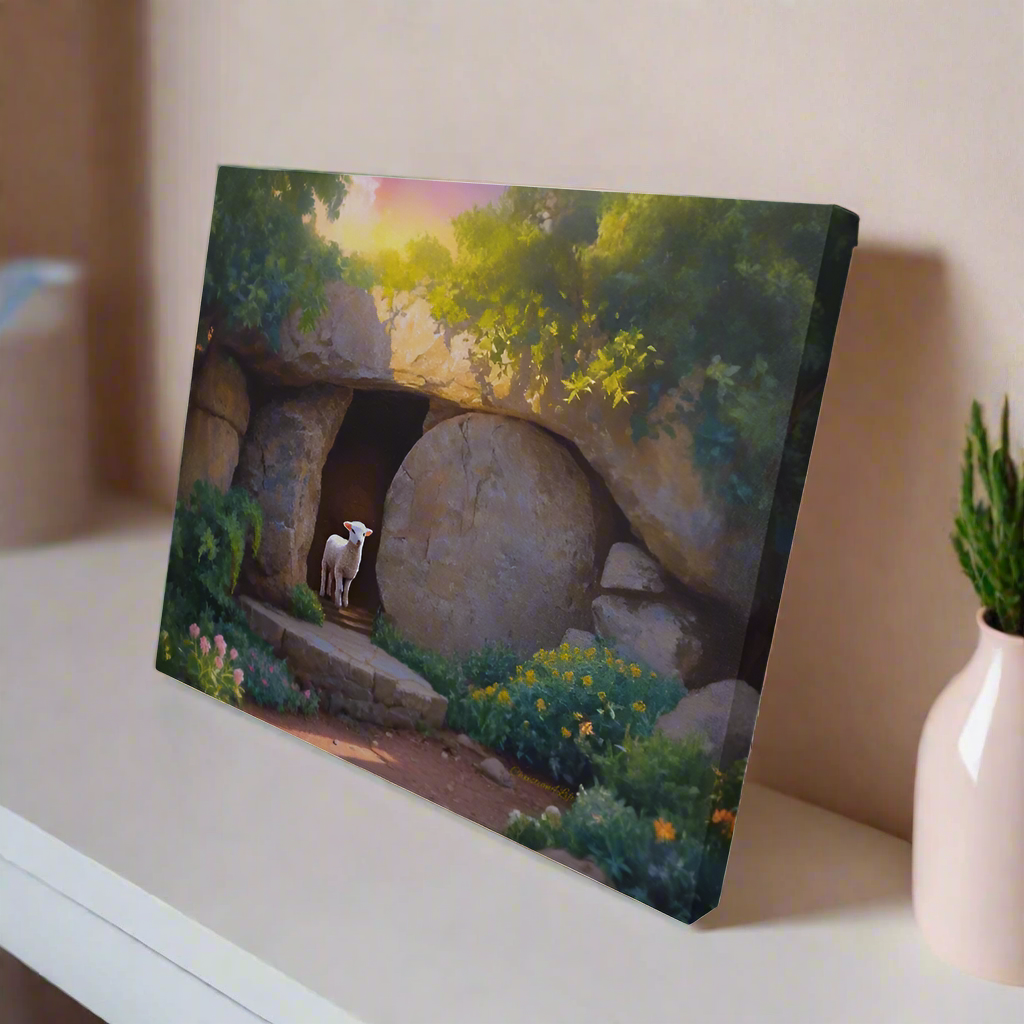 He is Risen Tomb and Lamb Christian Wall Art Gallery Wrapped Canvas Easter 20’’ x 16’’ - Canvas