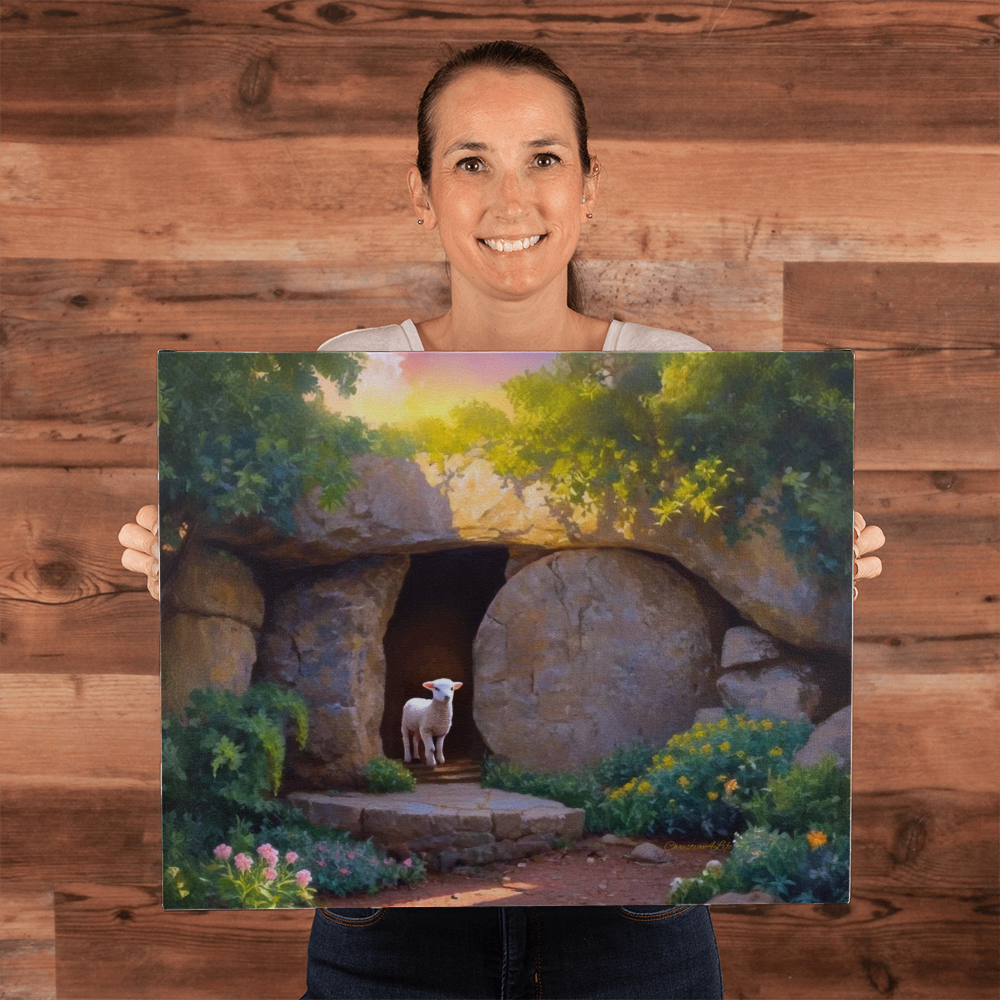 He is Risen Tomb and Lamb Christian Wall Art Gallery Wrapped Canvas Easter 20’’ x 16’’ - Canvas