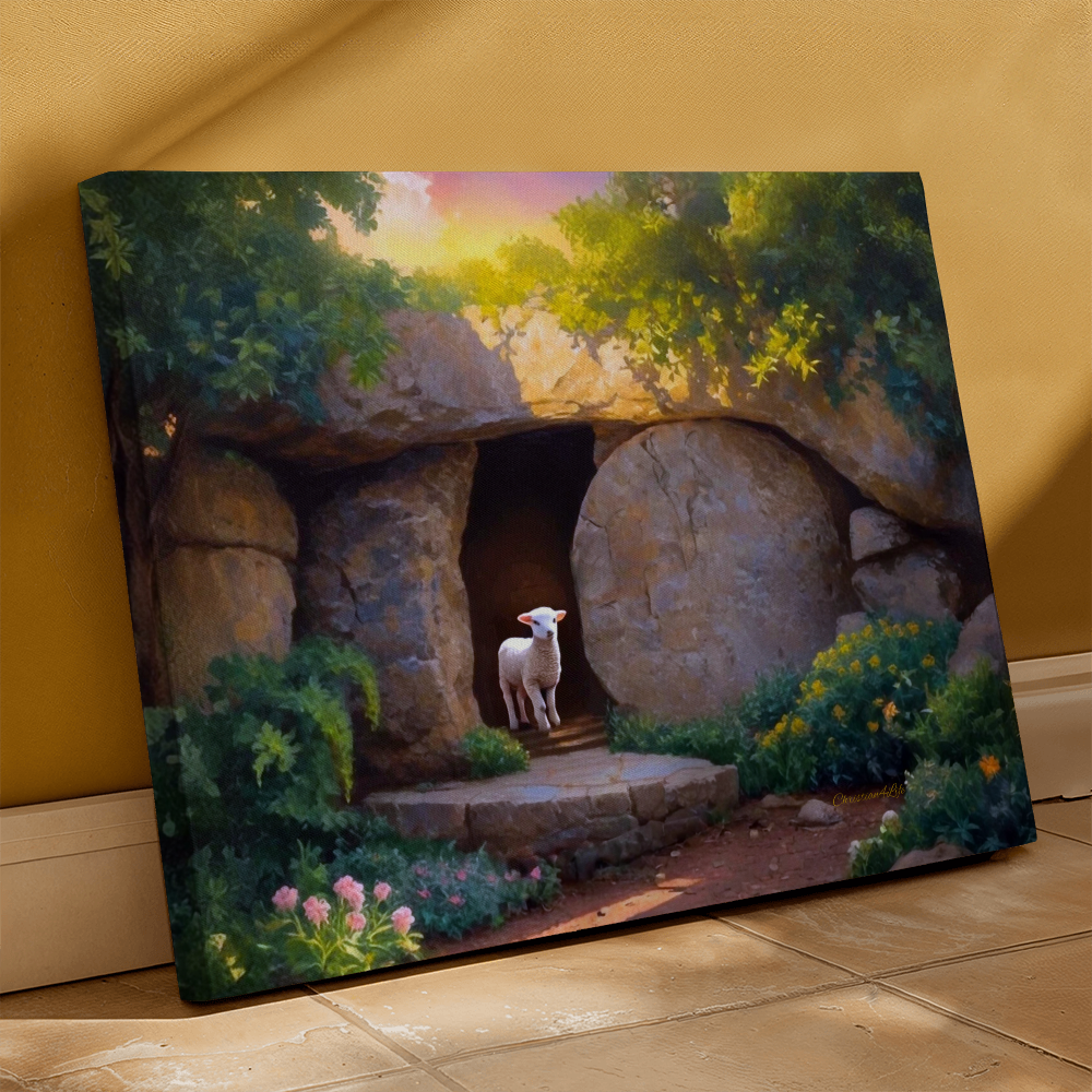 He is Risen Tomb and Lamb Christian Wall Art Gallery Wrapped Canvas Easter 20’’ x 16’’ - Canvas