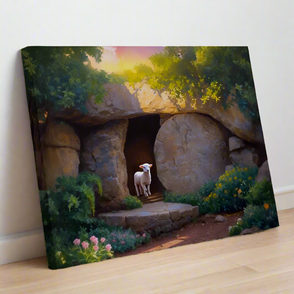 He is Risen Tomb and Lamb Christian Wall Art Gallery Wrapped Canvas Easter 20’’ x 16’’ - Canvas
