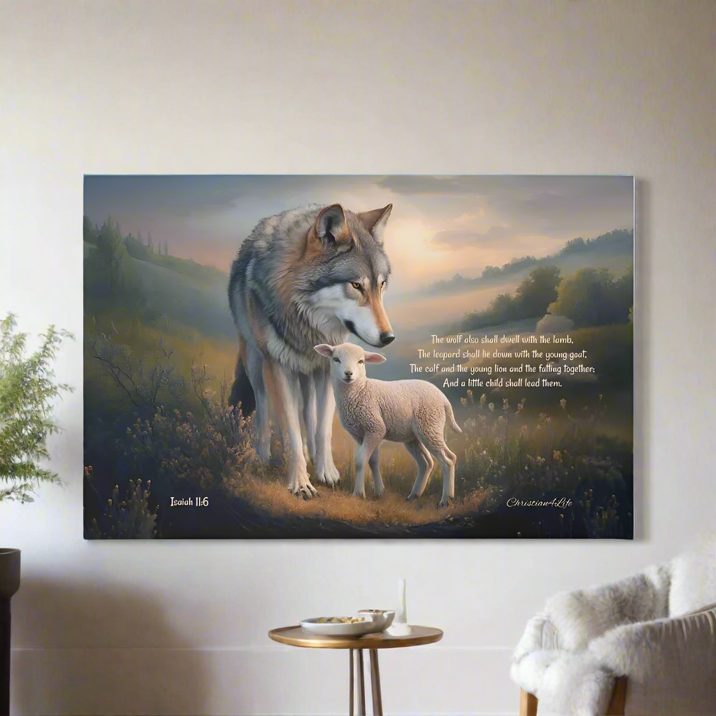 Wolf and Lamb Christian Wall Art Gallery Wrapped Canvas with Isaiah 11:6 Quote - Canvas