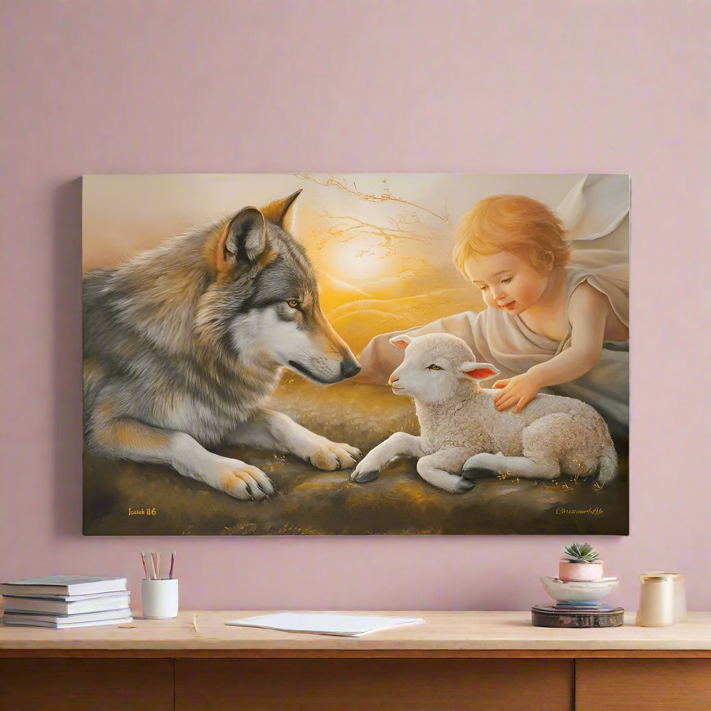 Wolf and Lamb Gallery Wrapped Christian Wall Art Canvas - Canvas