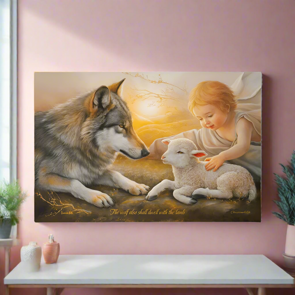 Wolf Lamb and Child Gallery Wrapped Christian Wall Art Canvas with Quote - Canvas