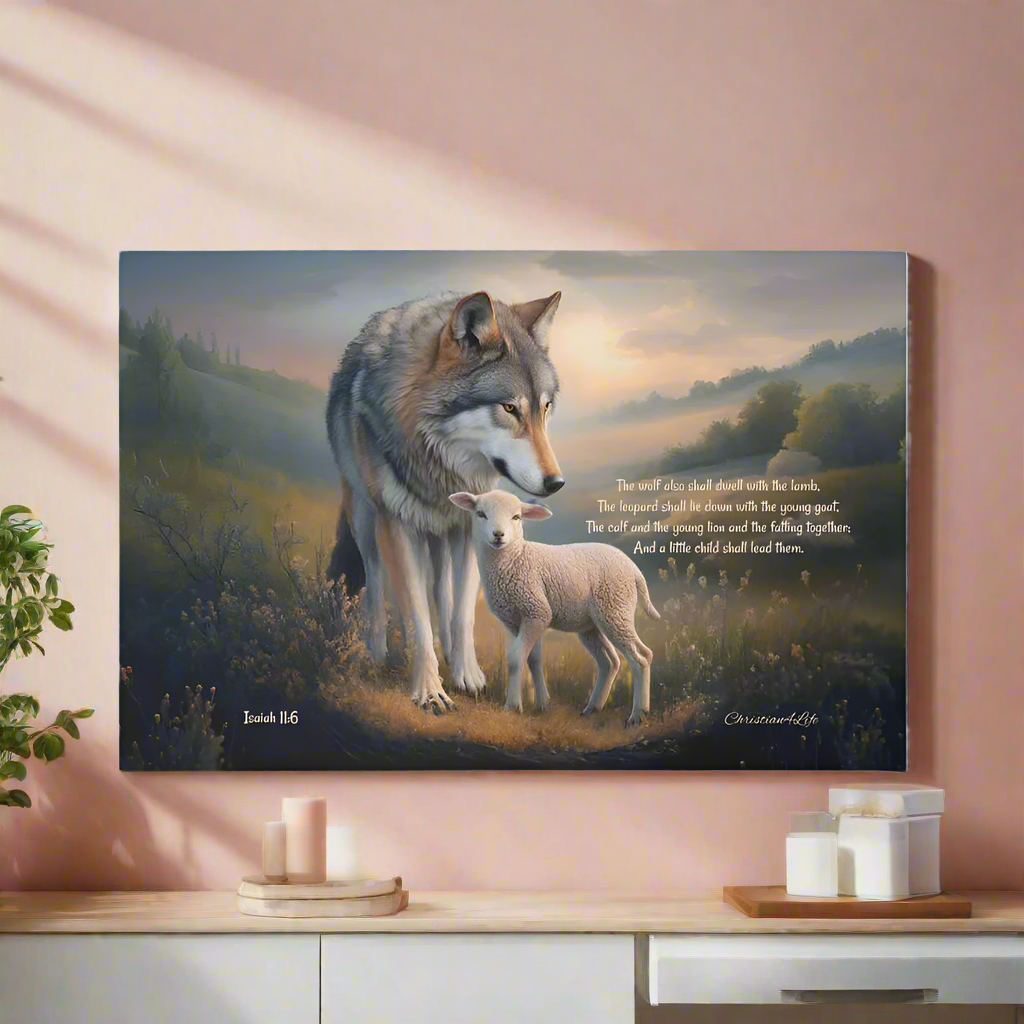 Wolf and Lamb Christian Wall Art Gallery Wrapped Canvas with Isaiah 11:6 Quote - Canvas
