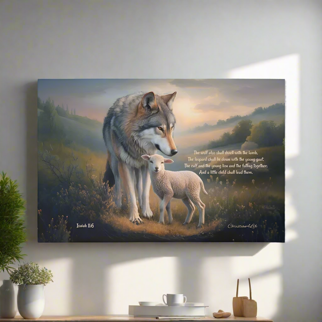 Wolf and Lamb, Christian Wall Art, Gallery Wrapped Canvas, with Isaiah 11:6 Quote