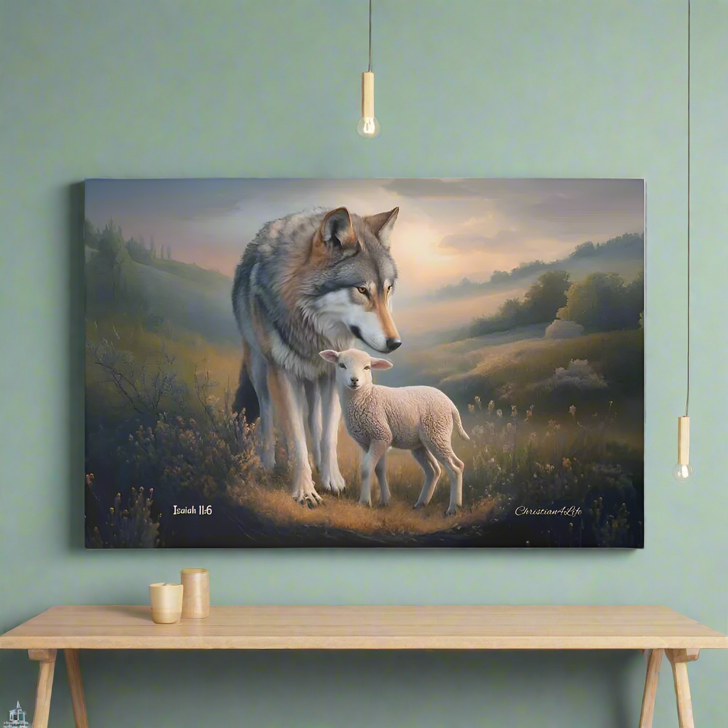 Wolf and Lamb Christian Wall Art Gallery Wrapped Canvas Isaiah 11:6 - Canvas